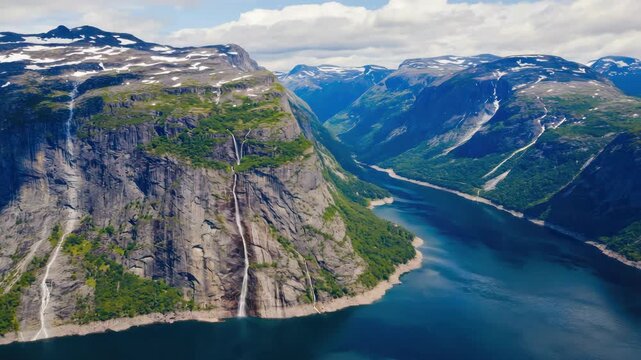Spectacular mountainous landscape with waterfall and fjord