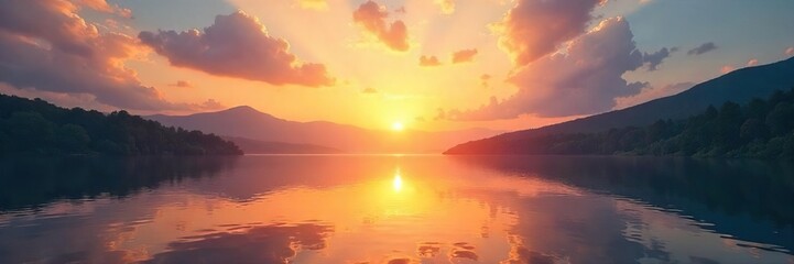 Serene sunrise over a tranquil lake, reflecting peaceful skies and embodying spiritual tranquility Perfect for meditation, mindfulness, and well-being themes , inner peace, uplifting