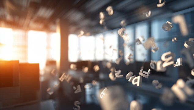 Abstract office interior with floating letters and numbers
