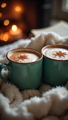Close-up of two mugs of steaming hot cocoa, nestled together on a cozy blanket, surrounded by books and soft lighting, suggesting a peaceful and comforting friendship , shadow, serene