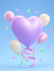 3D cartoon style, a glowing heart icon surrounded by balloons and streamers.