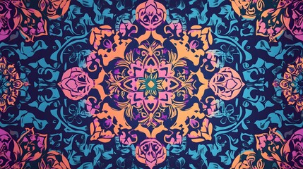 Vibrant, symmetrical, repeating pattern design with colorful floral motifs.