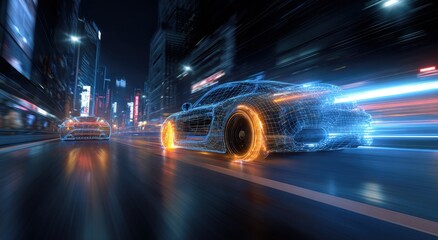 Futuristic cars racing through a city at night