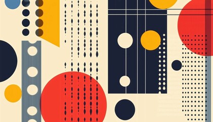 Abstract Modern Design Featuring Geometric Shapes Of Squares, Circles, Triangles, And Stripes With Bauhaus Influence And Graphic Elements, Including Patterns.