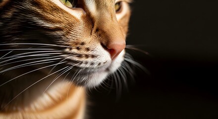 Majestic ginger tabby cat with striking green eyes and delicate whiskers, captured in dramatic side profile with soft light and deep shadow, exuding quiet elegance and feline charm.