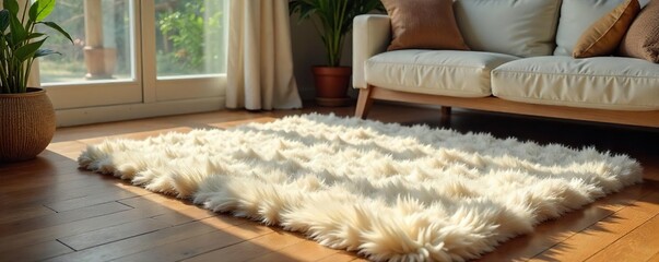 Cozy living room interior featuring a thick, plush wool rug, adding warmth and texture to the space Natural light streams in, highlighting the soft, luxurious wool fibers , material, living room