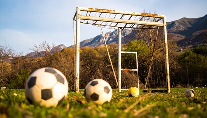Old soccer goal and balls in a grassy field with mountains in the background