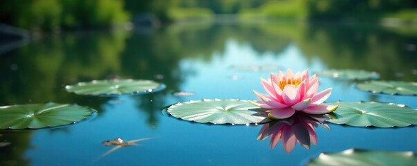 Serene pond scene on a calm, sunny day  Lily pads float on the still water, reflecting the clear blue sky  Perfect for nature, weather, and relaxation themes ,  sky,  green