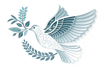 White dove with olive branch in beak flying against a dark background