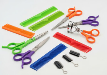 Colorful assortment of plastic combs, scissors, and eyelash curlers for personal grooming and hair care on a white background, variety of beauty tools and accessories