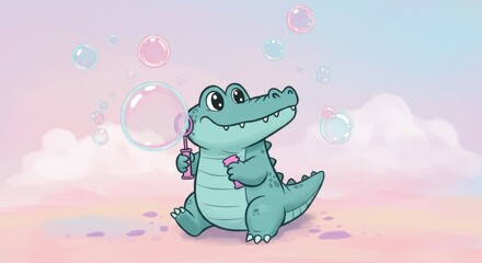 Cute baby cartoon crocodile joyfully blowing iridescent bubbles, a whimsical illustration capturing playful innocence in a dreamy pastel landscape