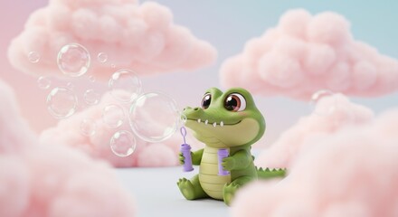 Adorable Baby Crocodile Blowing Bubbles in a Fluffy Cloudland