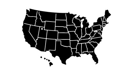 Black Silhouette Map of the United States of America with States.