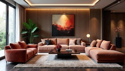 Sleek, modern living room with metallic accents and luxurious textures Velvet seating, abstract art, and statement lighting create a glamorous atmosphere , chic, furniture