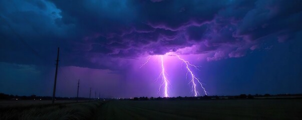 Dramatic Night Thunderstorm with Cloud-to-Ground Lightning Strike Illuminating Dark Landscape