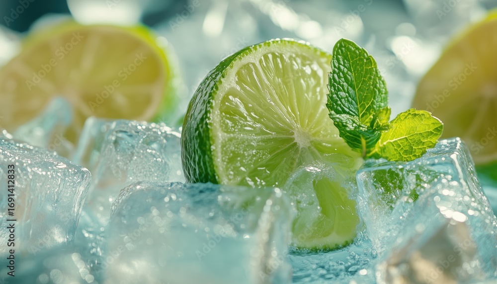 Poster luscious new lime and mint over icy cubes - a refreshing taste sensation for every sip and every bit