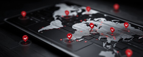 Global map displayed on a dark surface with highlighted locations