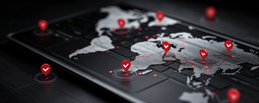 Global map displayed on a dark surface with highlighted locations