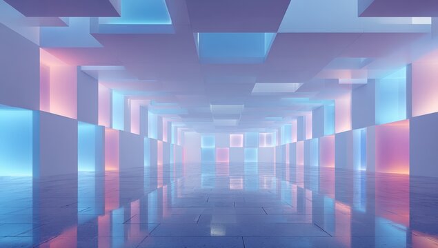 Abstract architectural interior with vibrant pastel colors and geometric shapes - Powered by Adobe