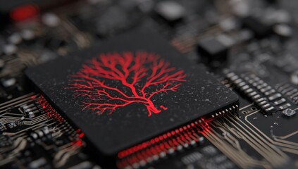 Close-up of a circuit board with a glowing red tree graphic on a chip