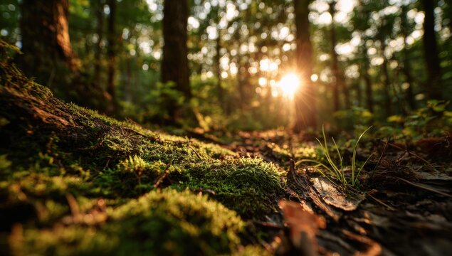 Sunlight filters through forest floor