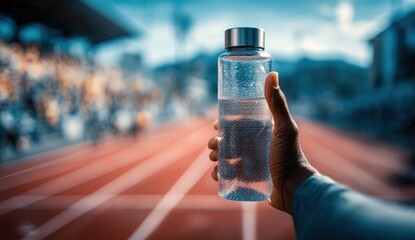 Hand holding water bottle on a running track