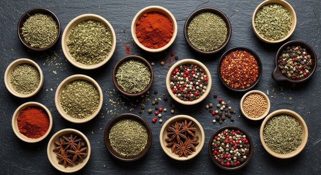 Exquisite spice assortment offering vibrant culinary inspiration on a dark slate backdrop, perfect for adding flavor and color to your next recipe adventure