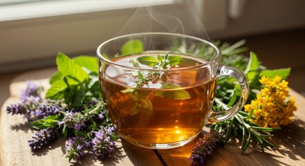Aromatic herbal tea in glass cup with fresh mint and lavender flowers