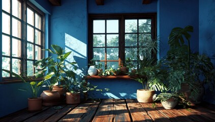 Sunny room with plants and a blue wall