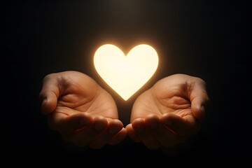 Fototapeta premium Close up of human hands gently holding a glowing heart shape, symbolizing love, compassion, kindness, hope, healing, and emotional support in a dark background.