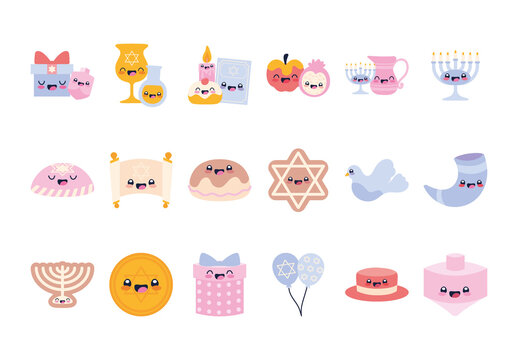 Blue And Pink Hanukkah Kawaii Jewish Celebration Traditional Illustrations Set