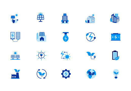Blue And White Solar Renewable Energy Eco Sustainability Icons Set