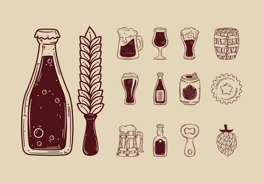 Brown Beer Brewing Drink Line Illustrations Set