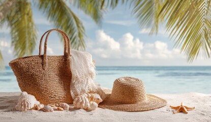 Beach bag, hat, and shells on the sand