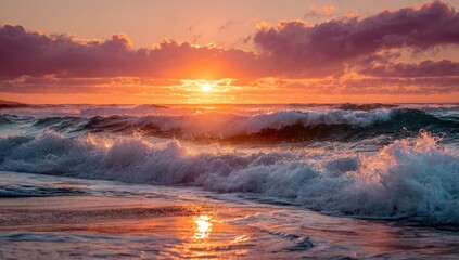 Dramatic sunset over ocean waves