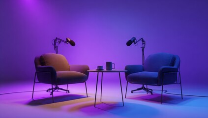 Podcast studio scene with two armchairs and a table