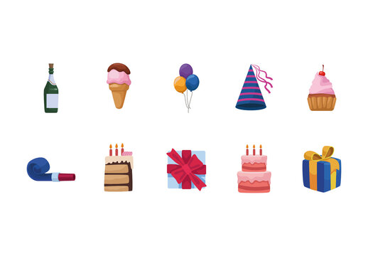 Colorful Bright Birthday Party Celebration Illustrations Set