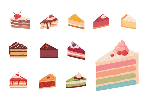 Colorful Cake Dessert Pastry Slices Illustrations Set