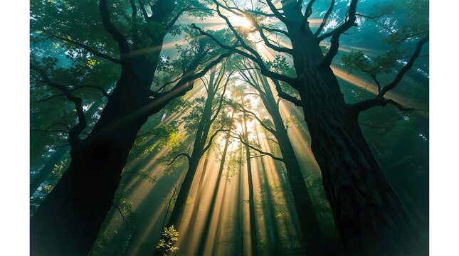 sunlight filtering through a dense forest