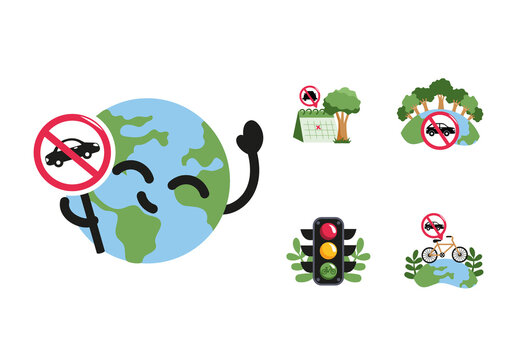 Colorful Car Free Day Earth Nature Illustrations Set
