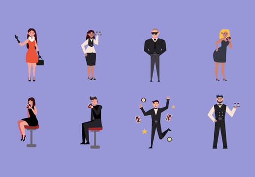 Colorful Casino People Gamblers Illustrations Set
