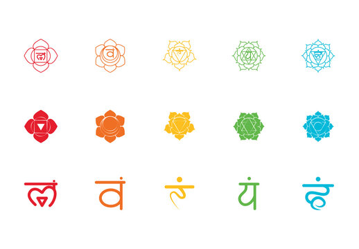 Colorful Chakra Symbols Yoga Energy Spiritual Icons Set