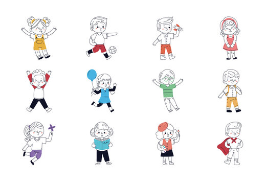 Colorful Children Doodle Kids Cartoon Art Illustrations Set