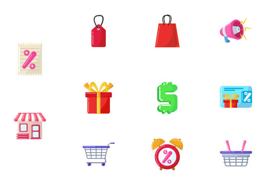 Colorful Commercial Shopping Sale Discount Store Commercial Icons Set