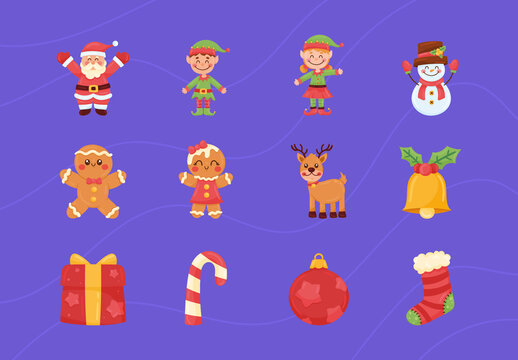 Colorful Christmas Cute Illustrations Set