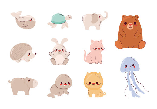Colorful Cute Animal Illustrations Set