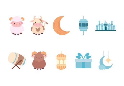 Colorful Eid Adha Celebration Muslim Festivity Illustrations Set