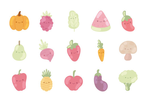 Colorful Cute Kawaii Fruits Vegetables Healthy Food Illustrations Set