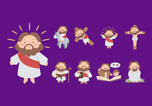 Colorful Cute Jesus Christian Religion God Savior Illustrations Set