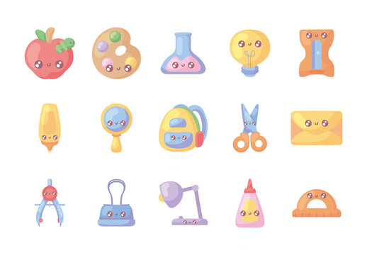 Colorful Cute Kawaii School Utensils Stationery Education Illustrations Set